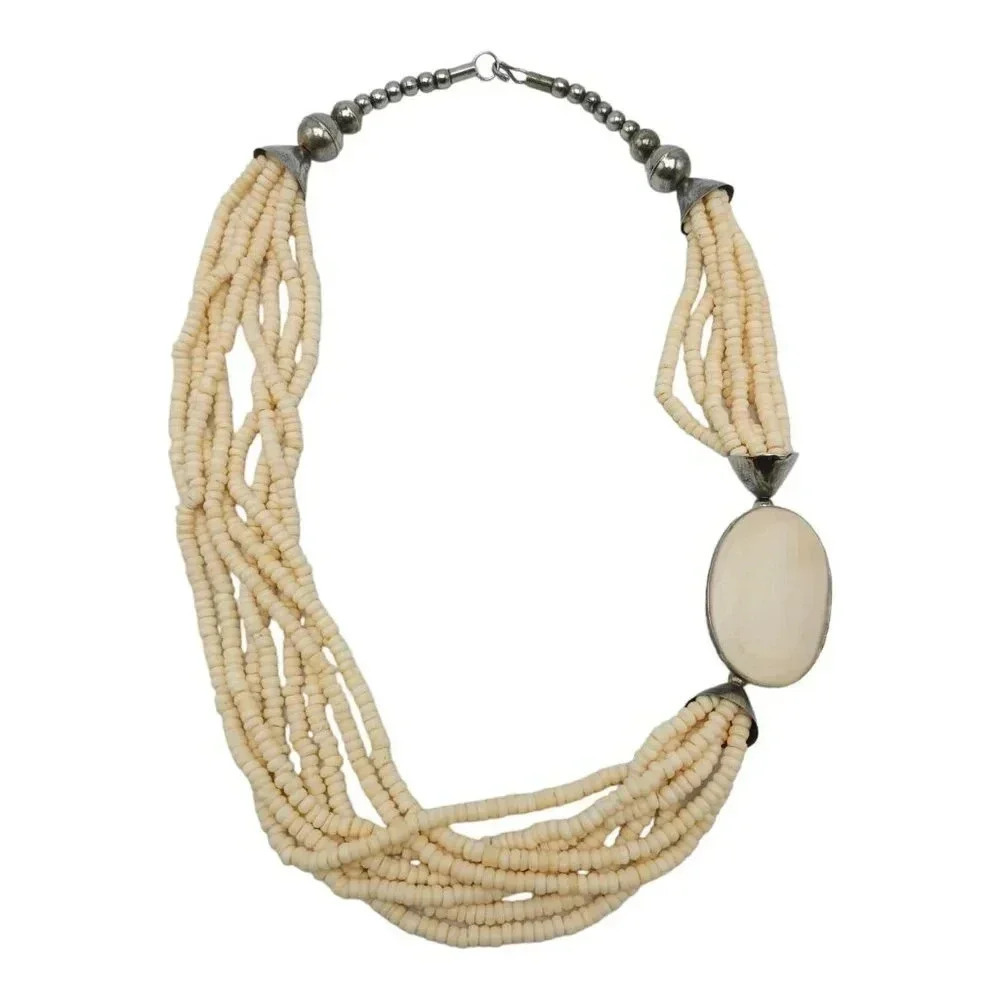 Bovine Bone Bead Beaded Multi-Strand Statement Silver Tone Necklace - Picture 1 of 6